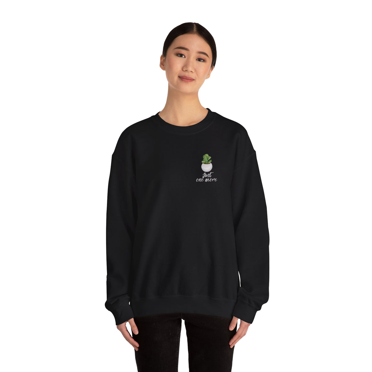 Plant Shelf Crewneck Sweatshirt — “Just One More” Potted Plant Graphic