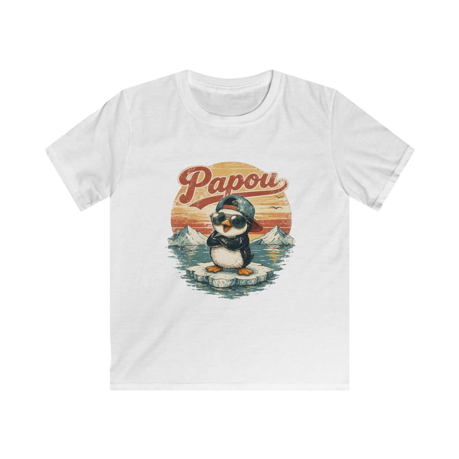 Papou Penguin Kids T‑Shirt — Retro Sunset Cute Animal Tee for Boys & Girls