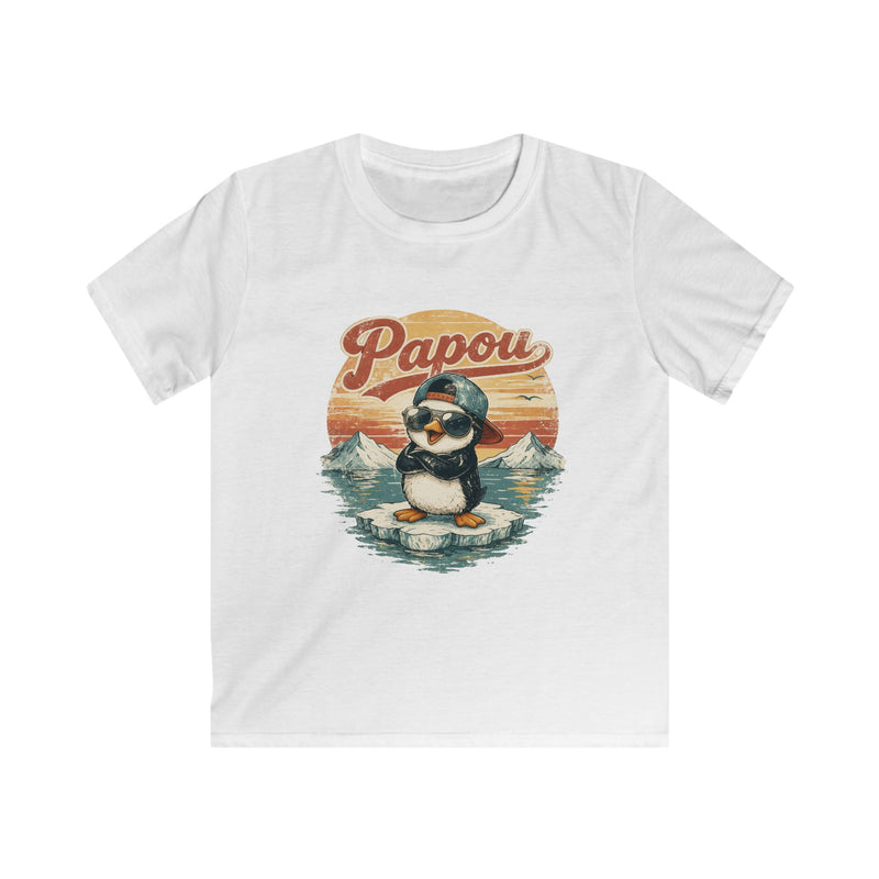 Papou Penguin Kids T‑Shirt — Retro Sunset Cute Animal Tee for Boys & Girls