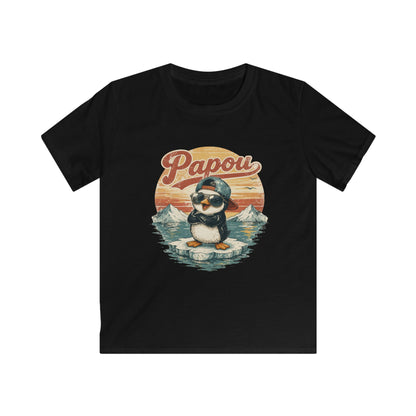 Papou Penguin Kids T‑Shirt — Retro Sunset Cute Animal Tee for Boys & Girls