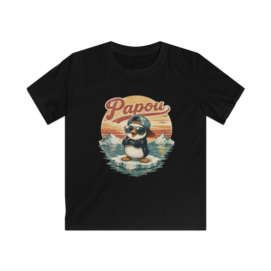 Papou Penguin Kids T‑Shirt — Retro Sunset Cute Animal Tee for Boys & Girls