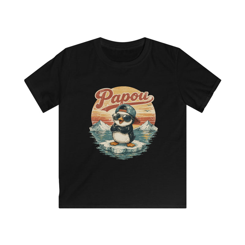 Papou Penguin Kids T‑Shirt — Retro Sunset Cute Animal Tee for Boys & Girls