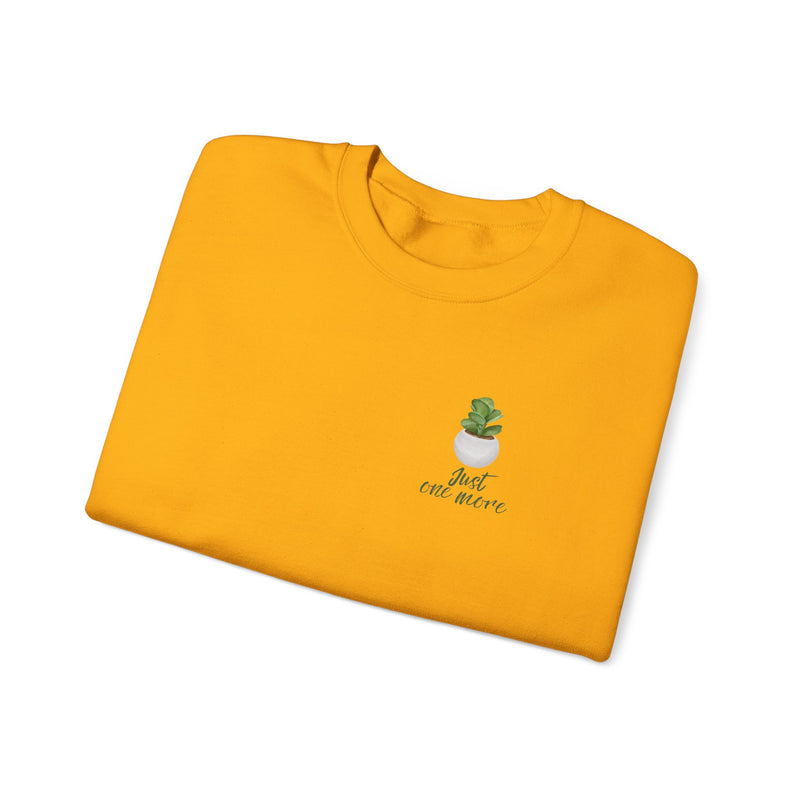 Plant Shelf Crewneck Sweatshirt — “Just One More” Potted Plant Graphic