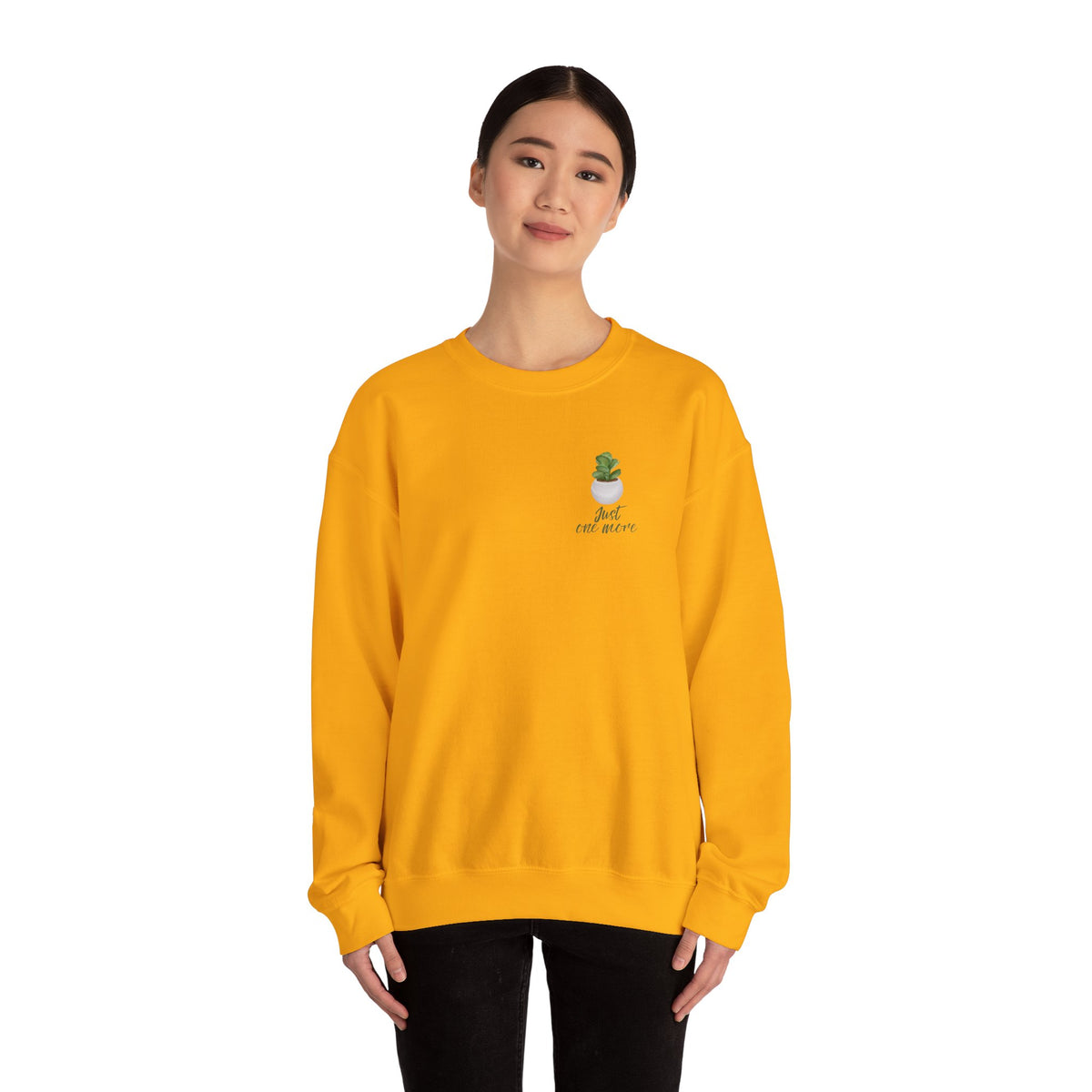 Plant Shelf Crewneck Sweatshirt — “Just One More” Potted Plant Graphic