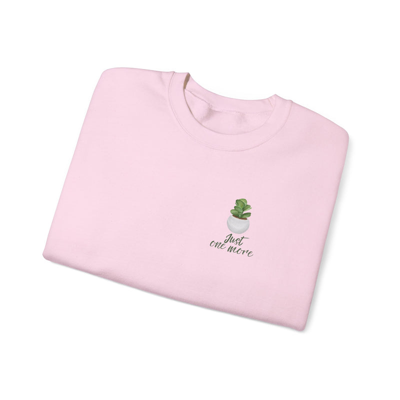 Plant Shelf Crewneck Sweatshirt — “Just One More” Potted Plant Graphic