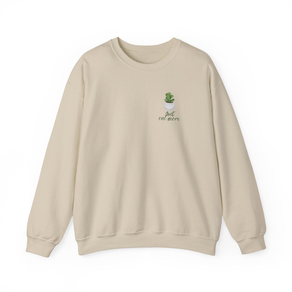 Plant Shelf Crewneck Sweatshirt — “Just One More” Potted Plant Graphic