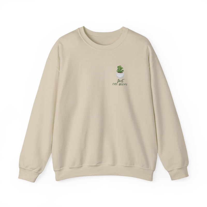 Plant Shelf Crewneck Sweatshirt — “Just One More” Potted Plant Graphic