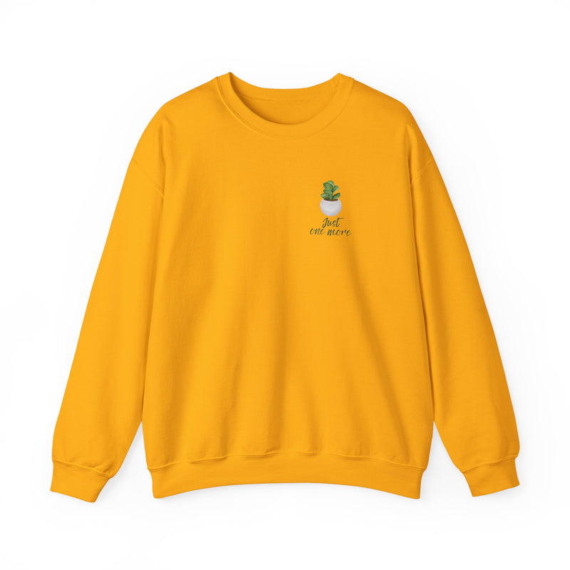 Plant Shelf Crewneck Sweatshirt — “Just One More” Potted Plant Graphic