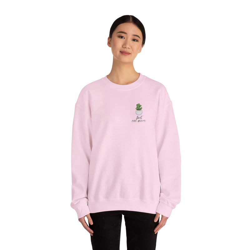 Plant Shelf Crewneck Sweatshirt — “Just One More” Potted Plant Graphic