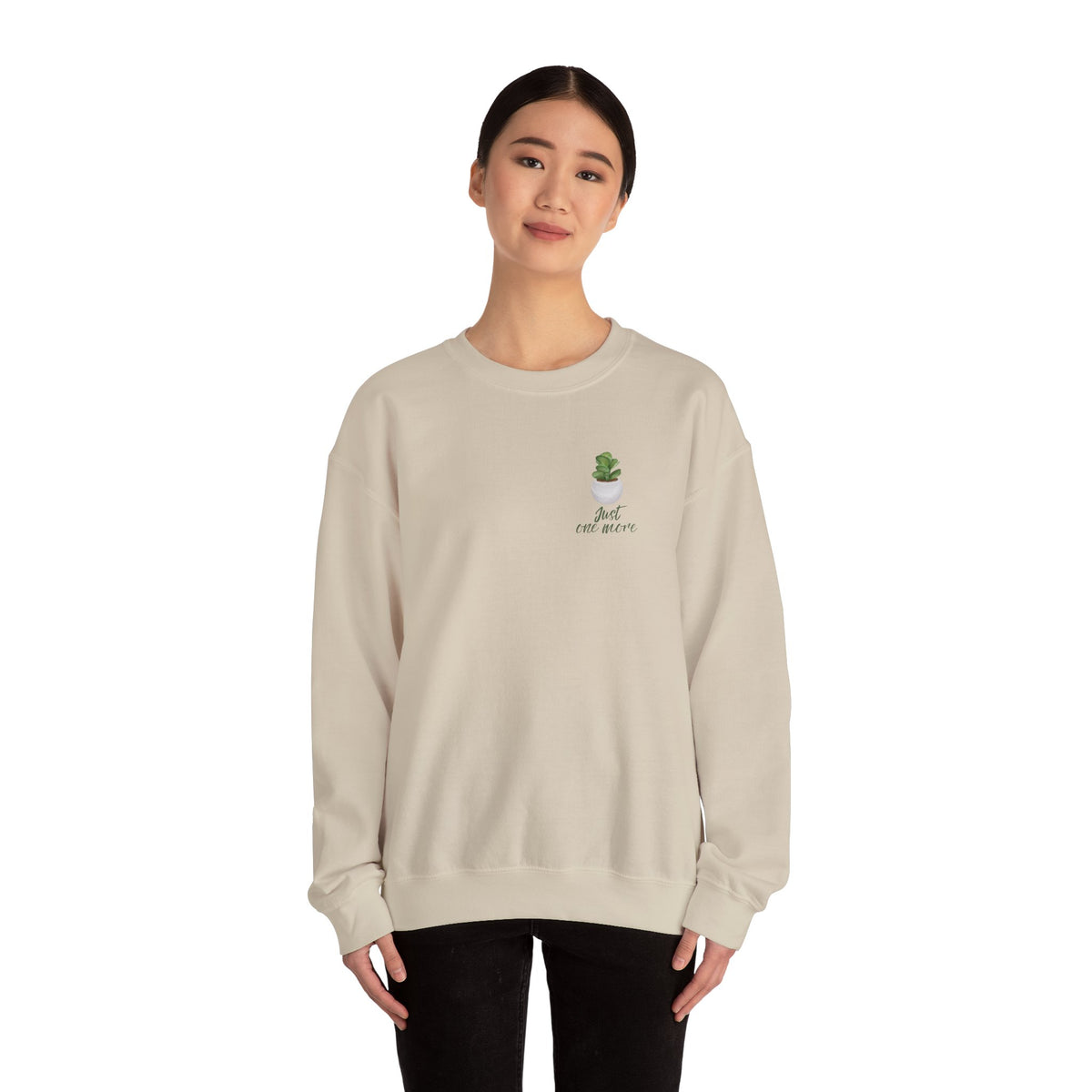 Plant Shelf Crewneck Sweatshirt — “Just One More” Potted Plant Graphic