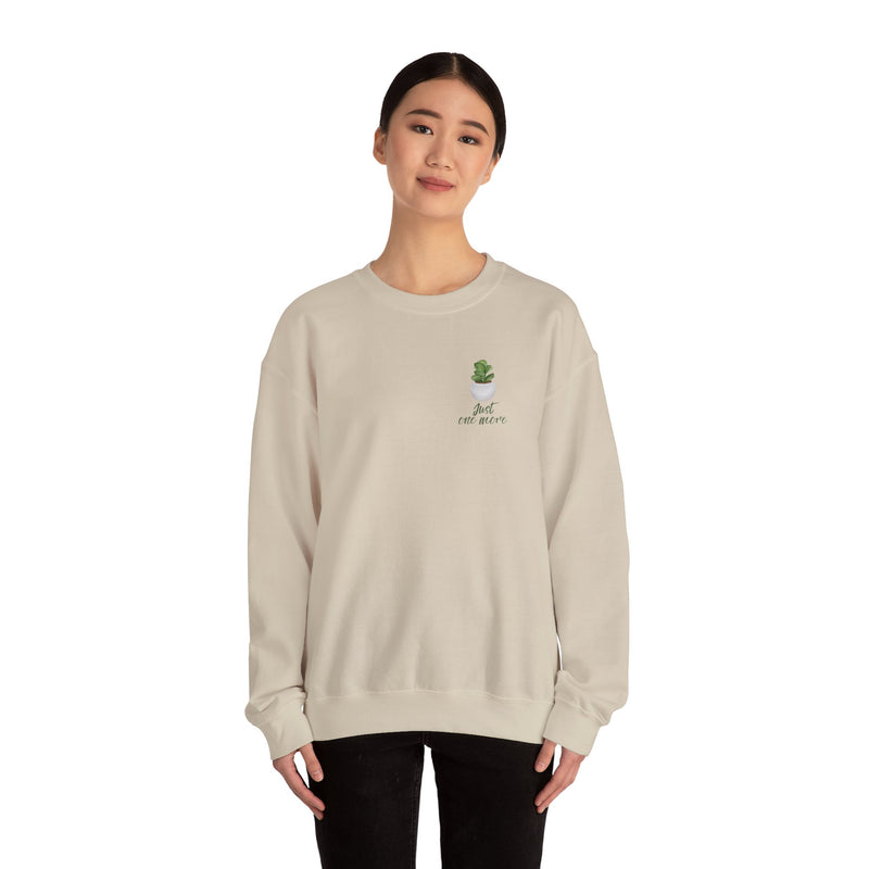 Plant Shelf Crewneck Sweatshirt — “Just One More” Potted Plant Graphic