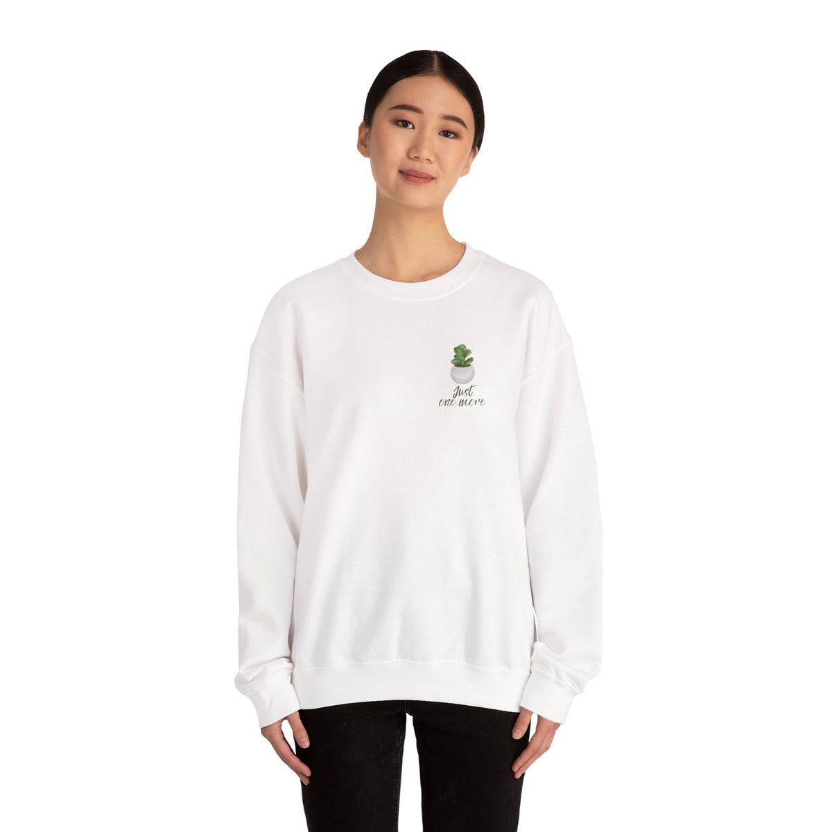 Plant Shelf Crewneck Sweatshirt — “Just One More” Potted Plant Graphic