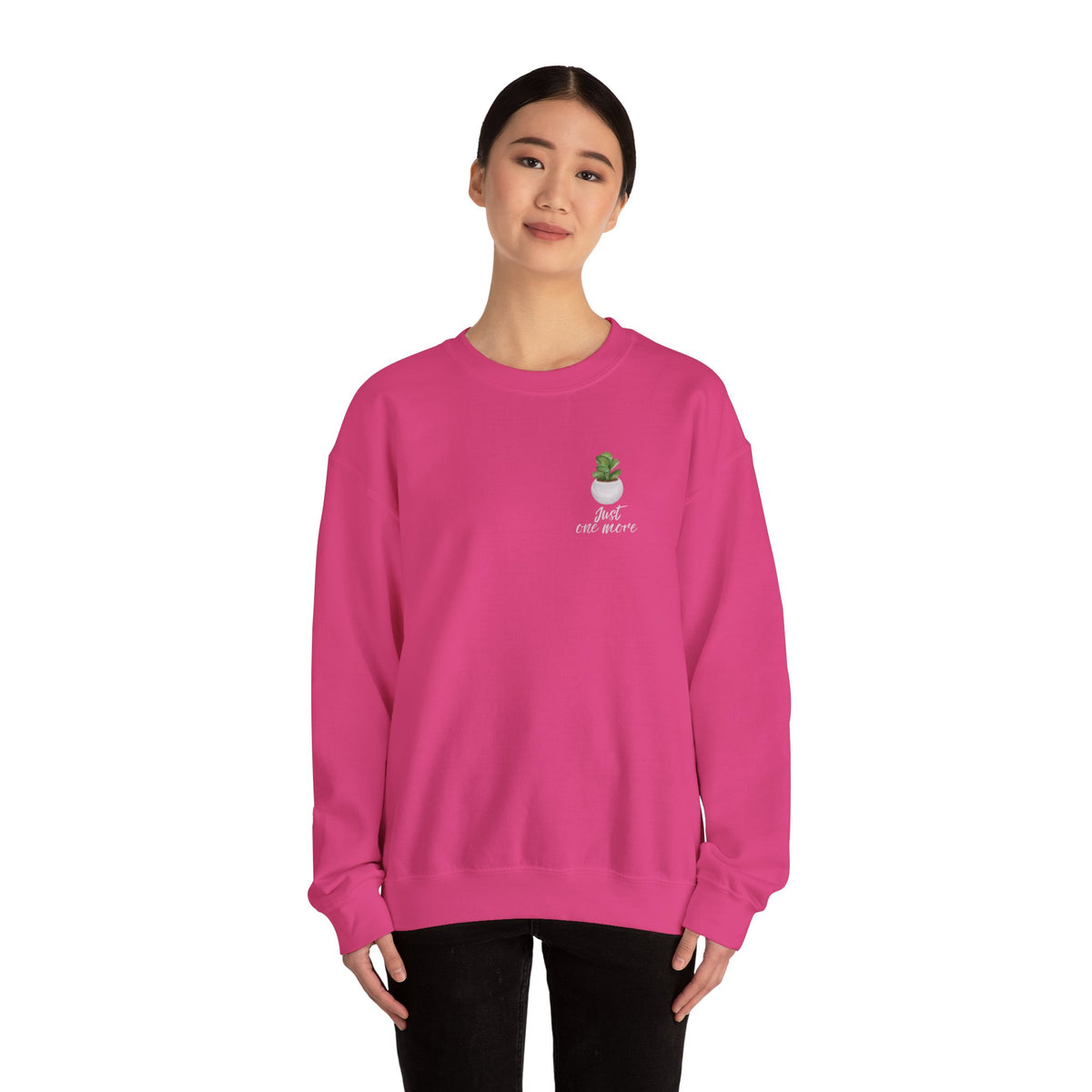 Plant Shelf Crewneck Sweatshirt — “Just One More” Potted Plant Graphic