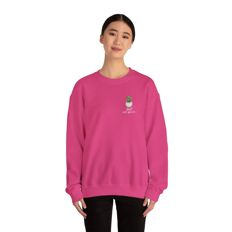 Plant Shelf Crewneck Sweatshirt — “Just One More” Potted Plant Graphic