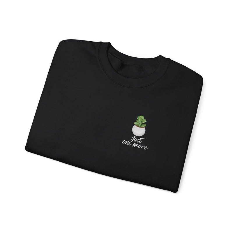 Plant Shelf Crewneck Sweatshirt — “Just One More” Potted Plant Graphic