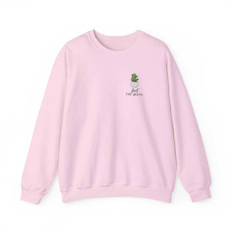 Plant Shelf Crewneck Sweatshirt — “Just One More” Potted Plant Graphic