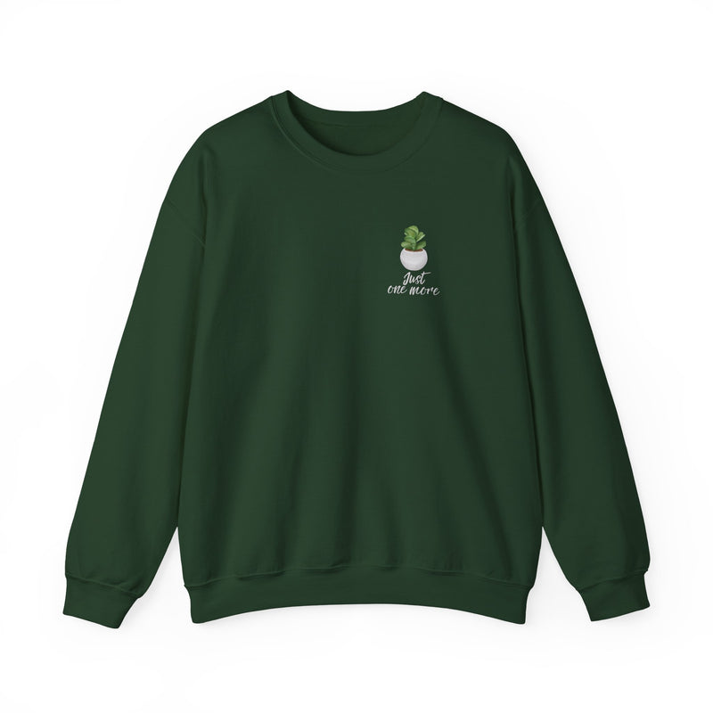 Plant Shelf Crewneck Sweatshirt — “Just One More” Potted Plant Graphic