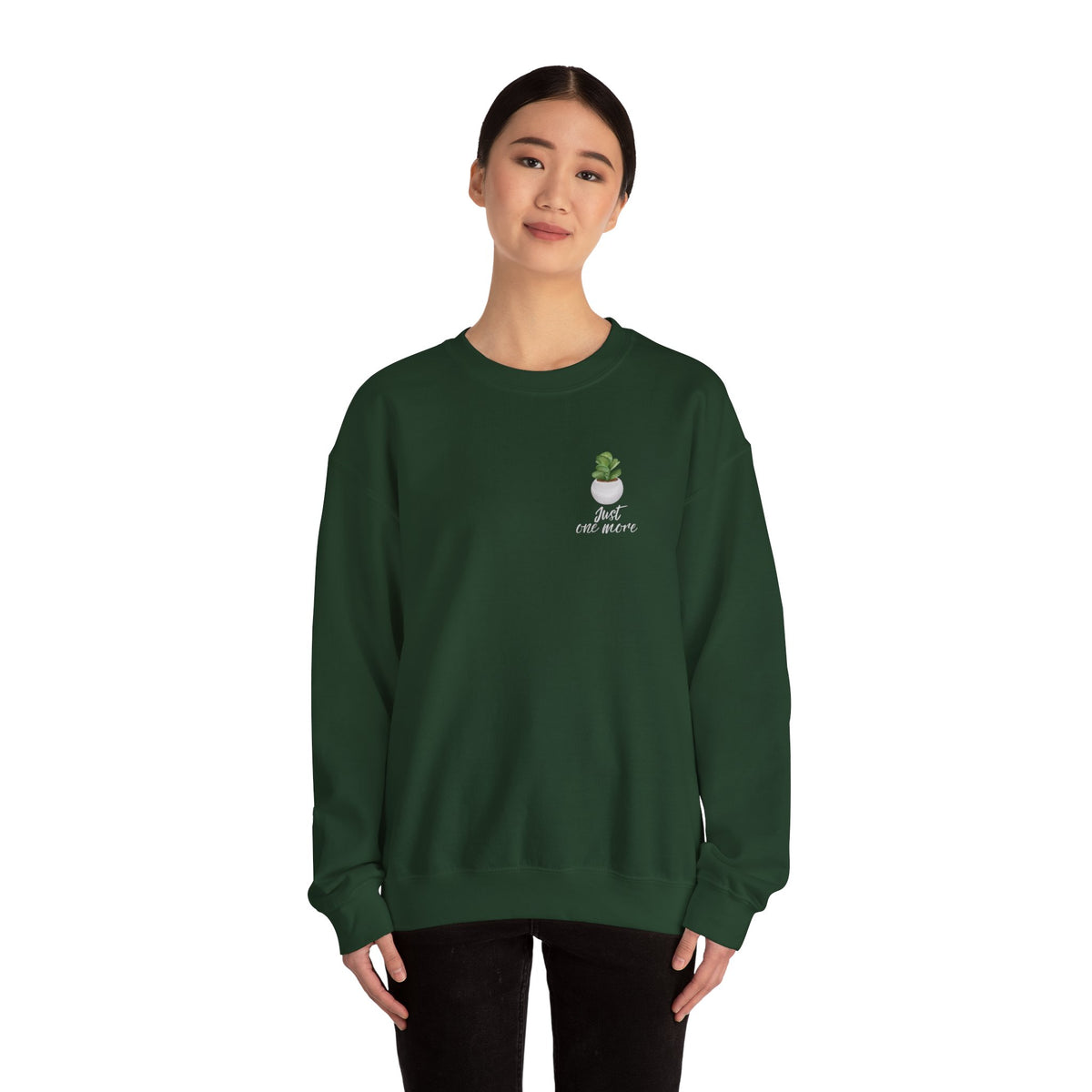 Plant Shelf Crewneck Sweatshirt — “Just One More” Potted Plant Graphic