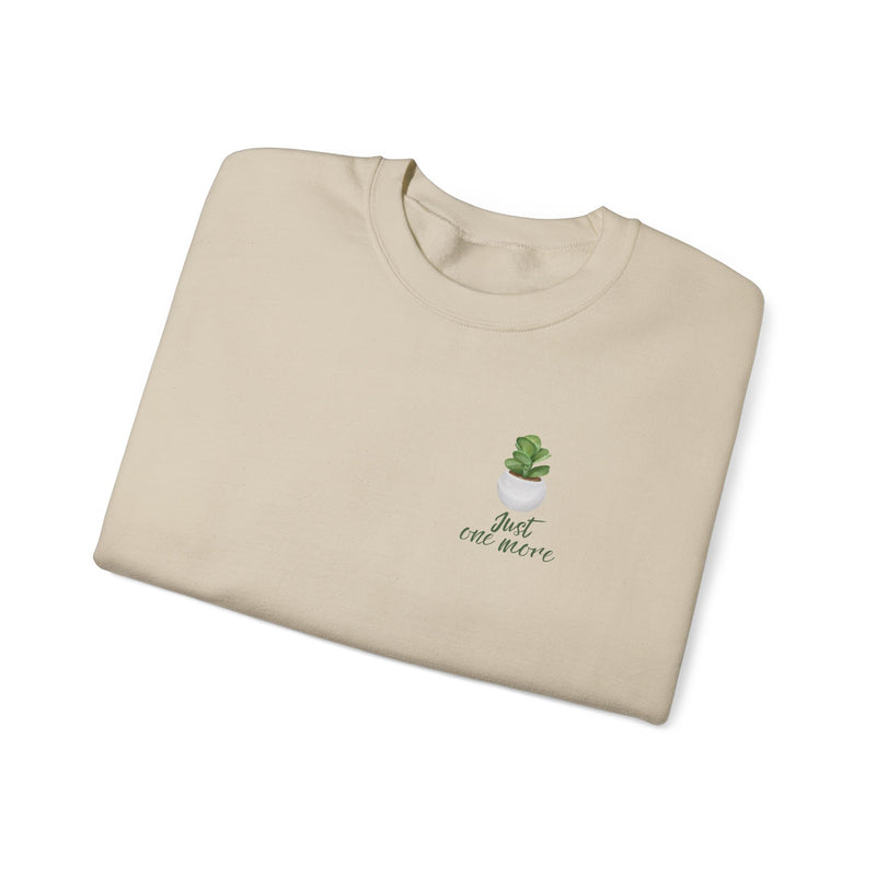 Plant Shelf Crewneck Sweatshirt — “Just One More” Potted Plant Graphic